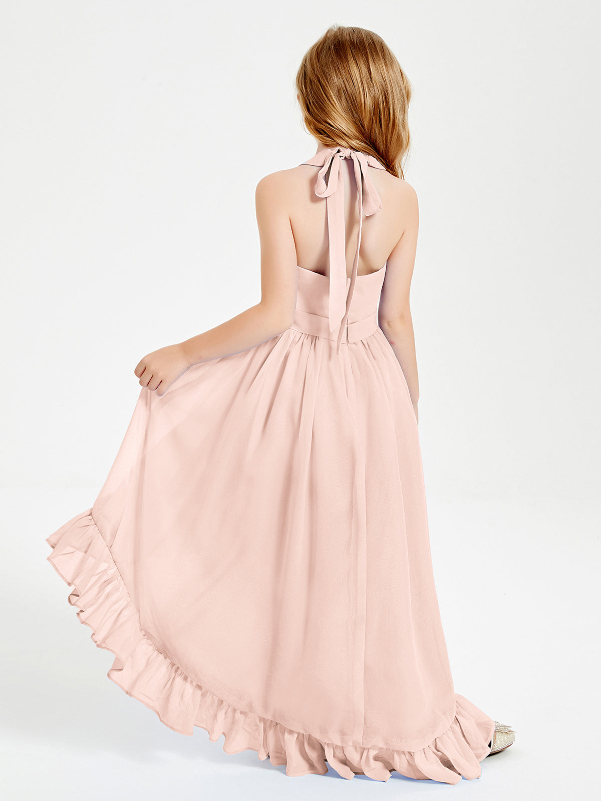 Trendy Boho Junior Bridesmaid Dresses Asymmetrical Cascading Skirt Pearl Pink